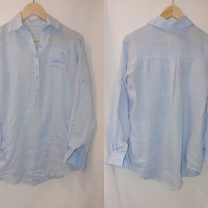 Linen & Co Light Blue Popover Long Tab Sleeve Tunic XS Casual Summer Shirt